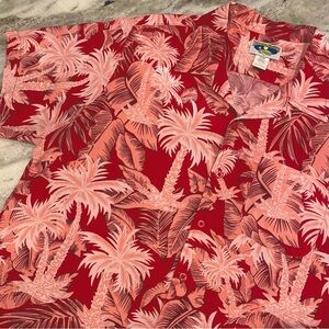 Vtg 90s L Haband Red Pink Palm Tree Rayon Single Stitch Aloha Shirt